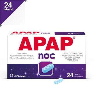 Apap Noc 500 mg + 25 mg, 24 tabletki powlekane - 2 Apap Noc 500 mg + 25 mg, 24 tabletki powlekane - 2 - zdjęcie produktu