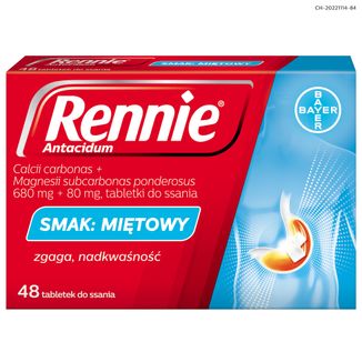 Rennie Antacidum 680 mg + 80 mg, smak miętowy, 48 tabletek do ssania - zdjęcie produktu