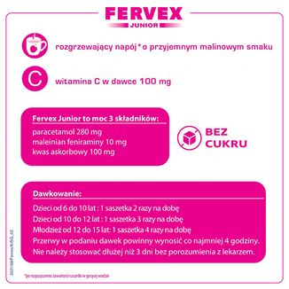 Fervex Junior 280 mg + 100 mg + 10 mg, granulat do sporządzania roztworu doustnego, 8 saszetek USZKODZONE OPAKOWANIE - 3 - zdjęcie produktu