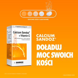 Calcium Sandoz + Vitamina C 260 mg + 1000 mg, smak pomarańczowy, 10 tabletek musujących USZKODZONE OPAKOWANIE - 3 - zdjęcie produktu