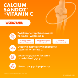Calcium Sandoz + Vitamina C 260 mg + 1000 mg, smak pomarańczowy, 10 tabletek musujących USZKODZONE OPAKOWANIE - 5 - zdjęcie produktu