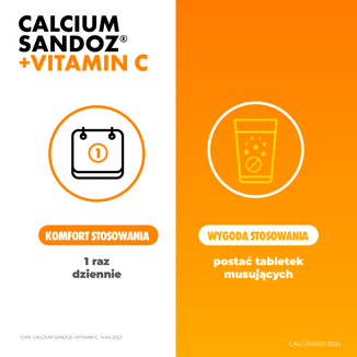 Calcium Sandoz + Vitamina C 260 mg + 1000 mg, smak pomarańczowy, 10 tabletek musujących USZKODZONE OPAKOWANIE - 6 - zdjęcie produktu