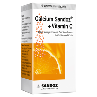 Calcium Sandoz + Vitamina C 260 mg + 1000 mg, smak pomarańczowy, 10 tabletek musujących USZKODZONE OPAKOWANIE - 2 - zdjęcie produktu