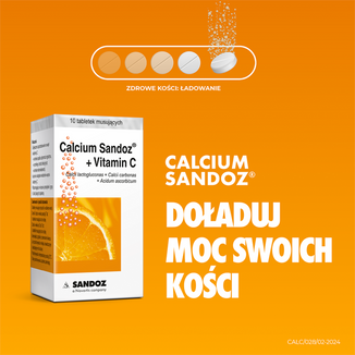 Calcium Sandoz + Vitamina C 260 mg + 1000 mg, smak pomarańczowy, 10 tabletek musujących USZKODZONE OPAKOWANIE - 3 - zdjęcie produktu