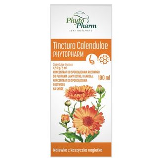 Tinctura Calendulae Phytopharm 4,55 g/ 5 ml, koncentrat do sporządzania roztworu do płukania jamy ustnej i gardła oraz na skórę, 100 ml - zdjęcie produktu