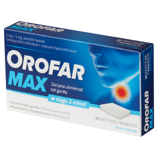 Orofar Max 2 mg + 1 mg, smak miętowy, 30 pastylek twardych USZKODZONE OPAKOWANIE - 3 - zdjęcie produktu