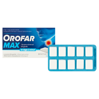 Orofar Max 2 mg + 1 mg, smak miętowy, 30 pastylek twardych USZKODZONE OPAKOWANIE - 2 - zdjęcie produktu