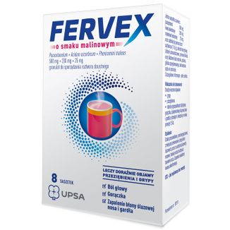 Fervex 500 mg + 200 mg + 25 mg, granulat do sporządzania roztworu doustnego, smak malinowy, 8 saszetek - zdjęcie produktu