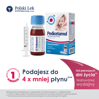 Pedicetamol 100 mg/ ml, roztwór doustny dla dzieci i niemowląt od urodzenia, 60 ml KRÓTKA DATA - 5 - zdjęcie produktu