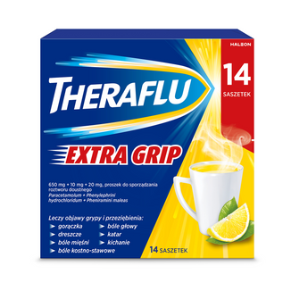 Theraflu Extra Grip 650 mg + 10 mg + 20 mg, proszek do sporządzania roztworu doustnego, 14 saszetek USZKODZONE OPAKOWANIE - zdjęcie produktu