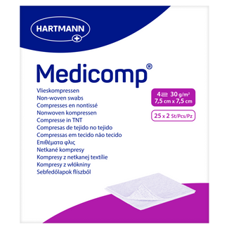 Medicomp, kompresy jałowe, włókninowe, 4-warstwowe, 30 g/m2, 7,5 cm x 7,5 cm, 50 sztuk USZKODZONE OPAKOWANIE - zdjęcie produktu