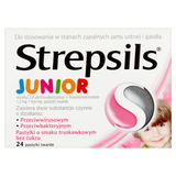 Strepsils Junior 1,2 mg + 0,6 mg, bez cukru, smak truskawkowy, 24 pastylki do ssania - miniaturka zdjęcia produktu