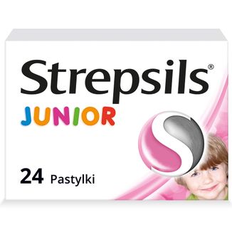 Strepsils Junior 1,2 mg + 0,6 mg, bez cukru, smak truskawkowy, 24 pastylki do ssania - zdjęcie produktu