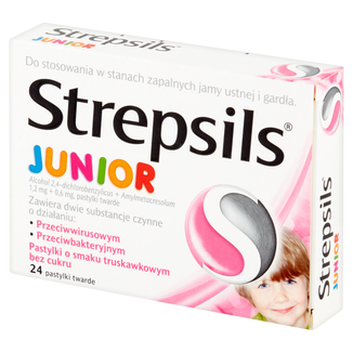 Strepsils Junior 1,2 mg + 0,6 mg, bez cukru, smak truskawkowy, 24 pastylki do ssania - 2 - zdjęcie produktu