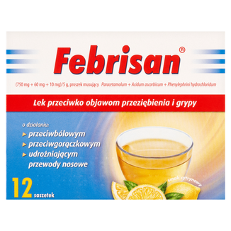 Febrisan (750 mg + 60 mg + 10 mg)/ 5 g, proszek musujący, 12 saszetek - zdjęcie produktu