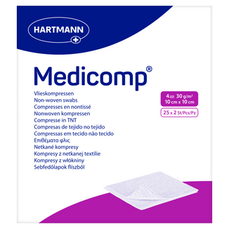 Medicomp, kompresy jałowe, włókninowe, 4-warstwowe, 30 g/m2, 10 cm x 10 cm, 50 sztuk - zdjęcie produktu