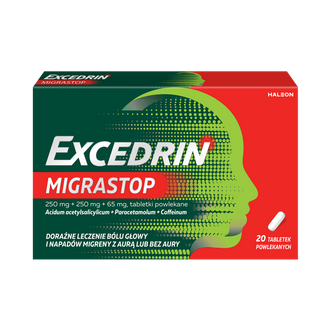 Excedrin Migra Stop 250 mg + 250 mg + 65 mg, 20 tabletek powlekanych - zdjęcie produktu