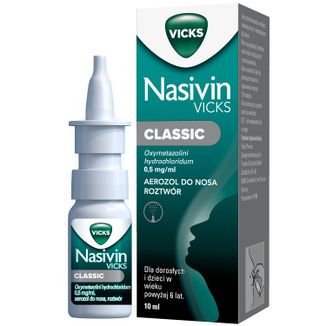 Nasivin Vicks Classic 0,5 mg/ ml, aerozol do nosa dla dorosłych i dzieci od 6 lat, 10 ml USZKODZONE OPAKOWANIE - zdjęcie produktu