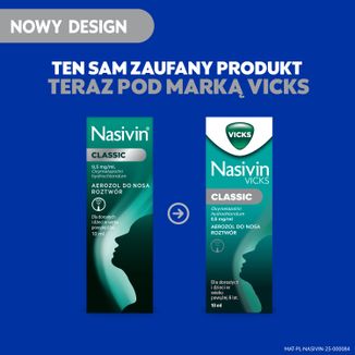 Nasivin Vicks Classic 0,5 mg/ ml, aerozol do nosa dla dorosłych i dzieci od 6 lat, 10 ml USZKODZONE OPAKOWANIE - 8 - zdjęcie produktu