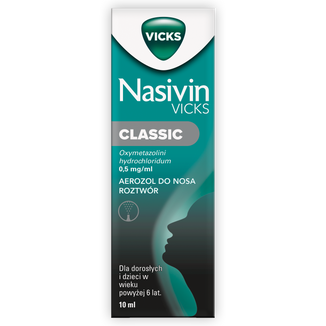Nasivin Vicks Classic 0,5 mg/ ml, aerozol do nosa dla dorosłych i dzieci od 6 lat, 10 ml - zdjęcie produktu