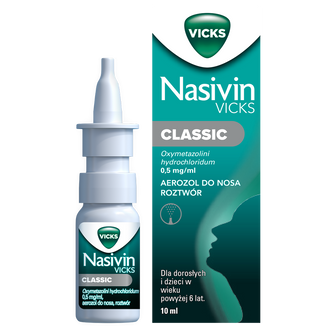 Nasivin Vicks Classic 0,5 mg/ ml, aerozol do nosa dla dorosłych i dzieci od 6 lat, 10 ml - zdjęcie produktu