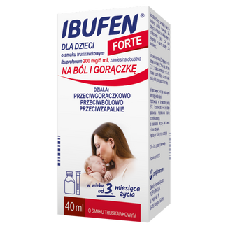 Ibufen dla dzieci Forte o smaku truskawkowym 200 mg/ 5 ml, zawiesina dosutna od 3 miesiąca, 40 ml - zdjęcie produktu