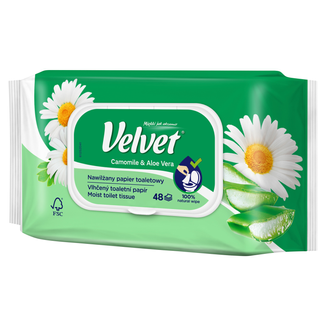 Velvet, papier toaletowy nawilżany, Camomile & Aloe Vera,  z klipsem, 48 sztuk - zdjęcie produktu