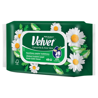 Velvet, papier toaletowy nawilżany, Camomile & Aloe Vera,  z klipsem, 48 sztuk - 2 - zdjęcie produktu