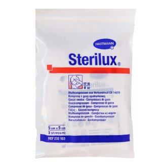 Sterilux, kompresy jałowe z gazy, 17-nitkowe, 8-warstwowe, 5 cm x 5 cm, 3 sztuki - zdjęcie produktu