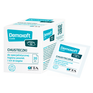 Demoxoft Clean, chusteczki do specjalistycznej pielęgnacji i oczyszczania skóry powiek, 20 sztuk - zdjęcie produktu