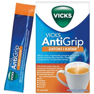 Vicks AntiGrip Zatoki i Katar 650 mg + 16 mg + 4 mg, granulat do sporządzania roztworu doustnego, 10 saszetek - zdjęcie produktu