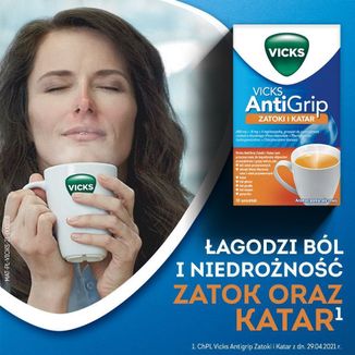 Vicks AntiGrip Zatoki i Katar 650 mg + 16 mg + 4 mg, granulat do sporządzania roztworu doustnego, 10 saszetek - 3 - zdjęcie produktu