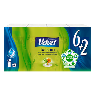 Velvet Balsam, chusteczki higieniczne, 4-warstwowe, ekstrakt z aloesu i nagietka, (6 + 2) x 10 sztuk - 2 - zdjęcie produktu