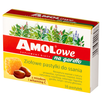 AMOLowe na Gardło, ziołowe pastylki do ssania z miodem i witaminą C, 16 sztuk - zdjęcie produktu