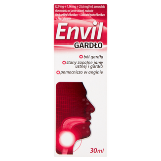 Envil Gardło (2,9 mg + 1,96 mg + 25,6 mg)/ ml, aerozol do stosowania w jamie ustnej, roztwór 30 ml Envil Gardło (2,9 mg + 1,96 mg + 25,6 mg)/ ml, aerozol do stosowania w jamie ustnej, roztwór 30 ml - zdjęcie produktu