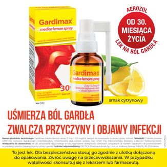 Gardimax Medica Lemon Spray (2 mg + 0,5 mg)/ ml, aerozol do stosowania w jamie ustnej, roztwór, 30 ml - 2 Gardimax Medica Lemon Spray (2 mg + 0,5 mg)/ ml, aerozol do stosowania w jamie ustnej, roztwór, 30 ml - 2 - zdjęcie produktu