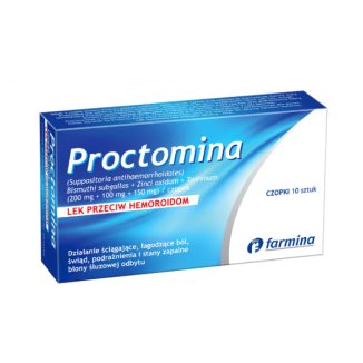 Proctomina (200 mg + 100 mg + 150 mg), czopki, 10 sztuk USZKODZONE OPAKOWANIE Proctomina (200 mg + 100 mg + 150 mg), czopki, 10 sztuk USZKODZONE OPAKOWANIE - zdjęcie produktu