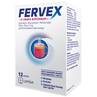 Fervex 500 mg + 200 mg + 25 mg, granulat do sporządzania roztworu doustnego, smak malinowy, 12 saszetek USZKODZONE OPAKOWANIE - zdjęcie produktu