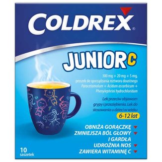 Coldrex Junior C 300 mg + 20 mg +5 mg, proszek do sporządzania roztworu doustnego dla dzieci 6-12 lat, smak cytrynowy, 10 saszetek - 2 - zdjęcie produktu