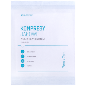 SEMA Protect, kompresy jałowe z gazy, 17-nitkowe, 12-warstwowe, 7 cm x 7 cm, 3 sztuki - zdjęcie produktu