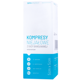 SEMA Protect, kompresy niejałowe z gazy, 17-nitkowe, 8-warstwowe, 5 cm x 5 cm, 100 sztuk - zdjęcie produktu