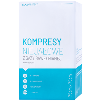SEMA Protect, kompresy niejałowe z gazy, 17-nitkowe, 8-warstwowe, 7,5 cm x 7,5 cm, 100 sztuk - zdjęcie produktu
