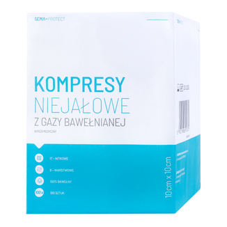 SEMA Protect, kompresy niejałowe z gazy, 17-nitkowe, 8-warstwowe, 10 cm x 10 cm, 100 sztuk - zdjęcie produktu