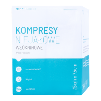 SEMA Protect, kompresy niejałowe, włókninowe, 7,5 cm x 7,5 cm, 100 sztuk - zdjęcie produktu