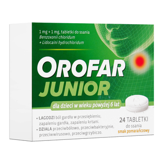 Orofar Junior 1 mg + 1 mg, dla dzieci powyżej 6 lat, smak pomarańczowy, 24 tabletki do ssania - zdjęcie produktu