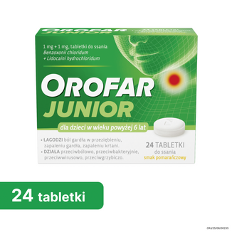 Orofar Junior 1 mg + 1 mg, dla dzieci powyżej 6 lat, smak pomarańczowy, 24 tabletki do ssania - 2 - zdjęcie produktu