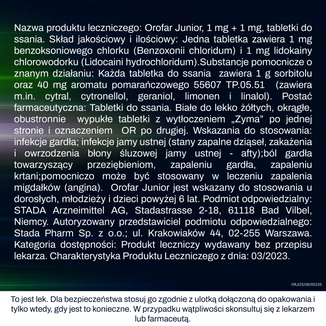 Orofar Junior 1 mg + 1 mg, dla dzieci powyżej 6 lat, smak pomarańczowy, 24 tabletki do ssania - 8 - zdjęcie produktu