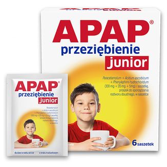 Apap Przeziębienie Junior 300 mg + 20 mg + 5 mg,  proszek do sporządzania roztworu doustnego, 6 saszetek KRÓTKA DATA - 2 - zdjęcie produktu