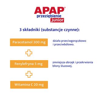 Apap Przeziębienie Junior 300 mg + 20 mg + 5 mg,  proszek do sporządzania roztworu doustnego, 6 saszetek KRÓTKA DATA - 4 - zdjęcie produktu