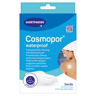 Cosmopor Waterproof, opatrunek chłonny, samoprzylepny, wodoodporny, jałowy, przezroczysty, 7,2 cm x 5 cm, 5 sztuk - zdjęcie produktu